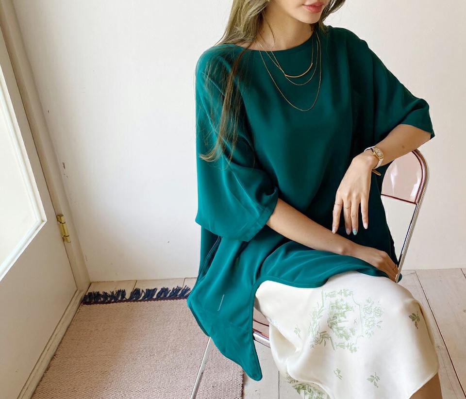 アンバランススリットロングブラウス・全4色・b69644 レディース 【bl】トップス ブラウス 半袖 ハーフスリーブ ロング丈 単色 無地 シンプル カジュアル ラフ スリット アンバランス ゆったり オーバーサイズ 春 夏 韓国 ファッション ハイホリHIHOLLI