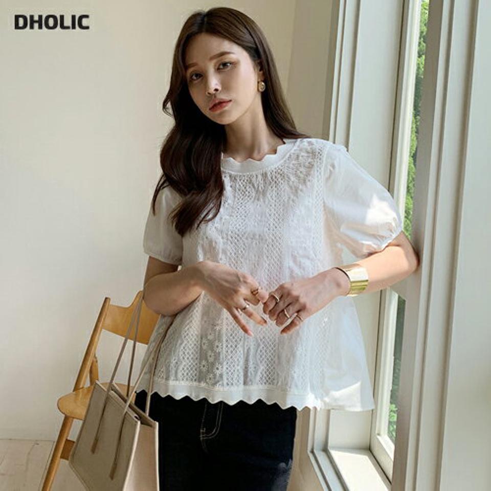 スカラップ刺繍ブラウス・全3色・b69663 レディース 【bl】トップス ブラウス 半袖 ハーフスリーブ 刺繍 スカラップ 花柄 フリル ギャザー 可愛い かわいい アンバランス 春 夏 韓国 ファッション ハイホリHIHOLLI