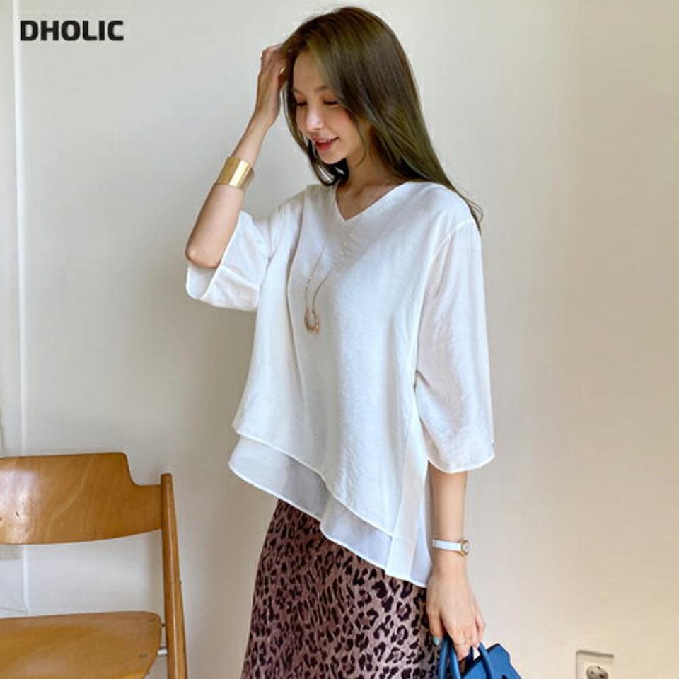 スリットシフォンアンバランスブラウス・全4色・b69666 レディース 【bl】トップス ブラウス 半袖 ハーフスリーブ アンバランス シフォン スリット 単色 無地 シンプル 体型カバー カジュアル ラフ 春 夏 韓国 ファッション ハイホリHIHOLLI