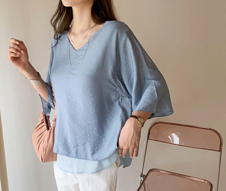 スリットシフォンアンバランスブラウス・全4色・b69666 レディース 【bl】トップス ブラウス 半袖 ハーフスリーブ アンバランス シフォン スリット 単色 無地 シンプル 体型カバー カジュアル ラフ 春 夏 韓国 ファッション ハイホリHIHOLLI