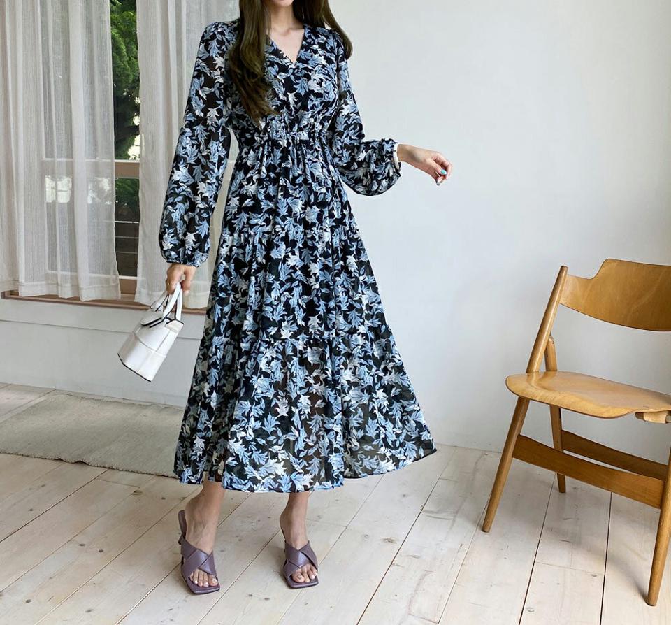 シフォンフラワーワンピース・全2色・b69667 レディース 【ops】ワンピース ロング 長袖 花柄 シフォン フェミニン 可愛い かわいい 大人 春 秋 韓国ファッション ハイホリHIHOLLI