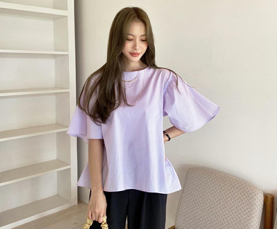 フリルフレアスリーブブラウス・全3色・t69669 レディース 【bl】トップス ブラウス 半袖 ハーフスリーブ フレアスリーブ フリル 単色 無地 シンプル フェミニン 二の腕カバー 可愛い かわいい 大人 春 夏 韓国 ファッション ハイホリHIHOLLI