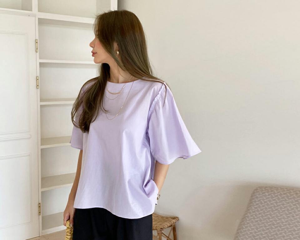 フリルフレアスリーブブラウス・全3色・t69669 レディース 【bl】トップス ブラウス 半袖 ハーフスリーブ フレアスリーブ フリル 単色 無地 シンプル フェミニン 二の腕カバー 可愛い かわいい 大人 春 夏 韓国 ファッション ハイホリHIHOLLI