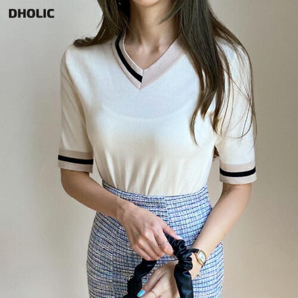 配色Vネック半袖ニット・全3色・b69675 レディース 【tops】トップス ニット 半袖 ハーフスリーブ Vネック 配色 大人 ライン カジュアル スリム 春 夏 韓国 ファッション ハイホリHIHOLLI