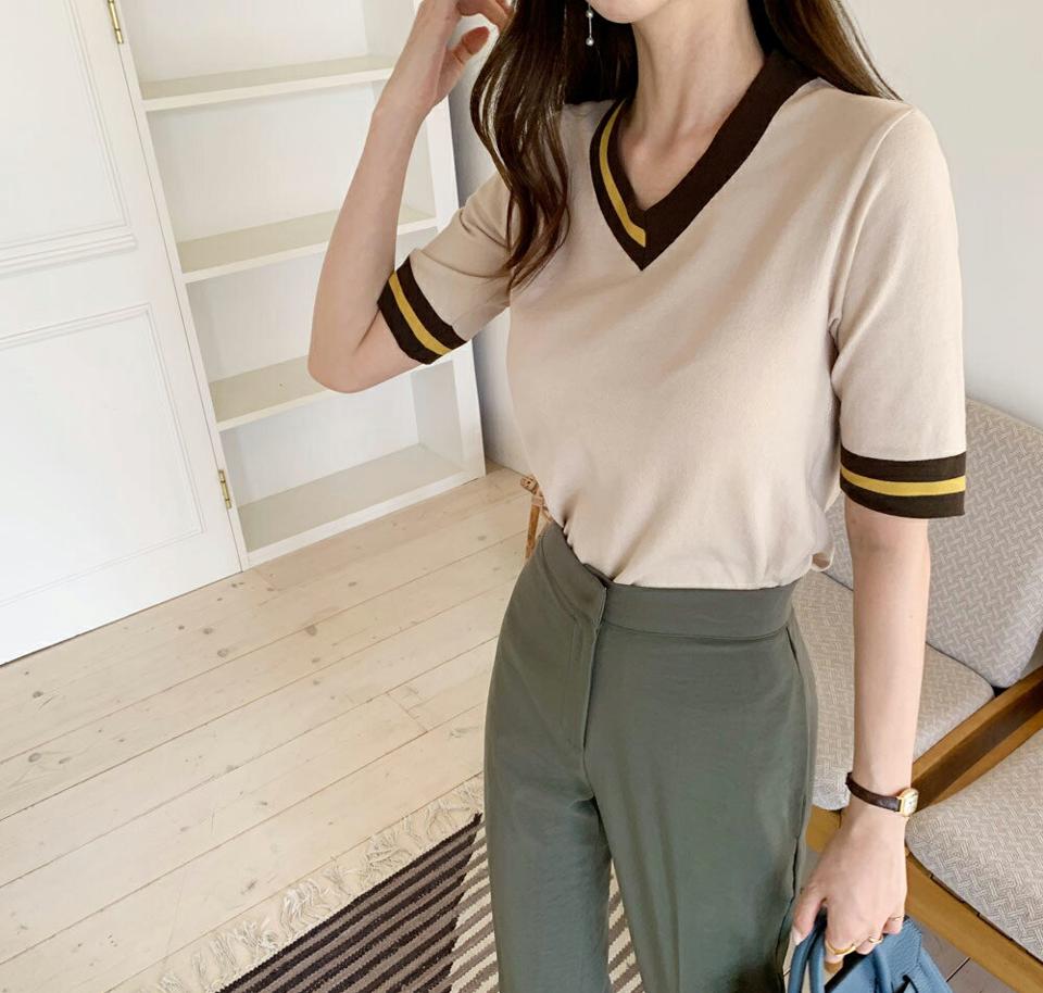 配色Vネック半袖ニット・全3色・b69675 レディース 【tops】トップス ニット 半袖 ハーフスリーブ Vネック 配色 大人 ライン カジュアル スリム 春 夏 韓国 ファッション ハイホリHIHOLLI