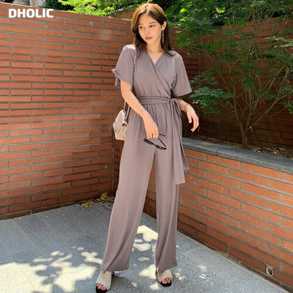ストラップ付Vネックオールインワン・全3色・t69601 レディース 【pt】オールインワン パンツ ズボン ロングパンツ 半袖 ハーフスリーブ Vネック ストラップ 単色 無地 カシュクール ウエストマーク 春 夏 韓国 ファッション ハイホリHIHOLLI