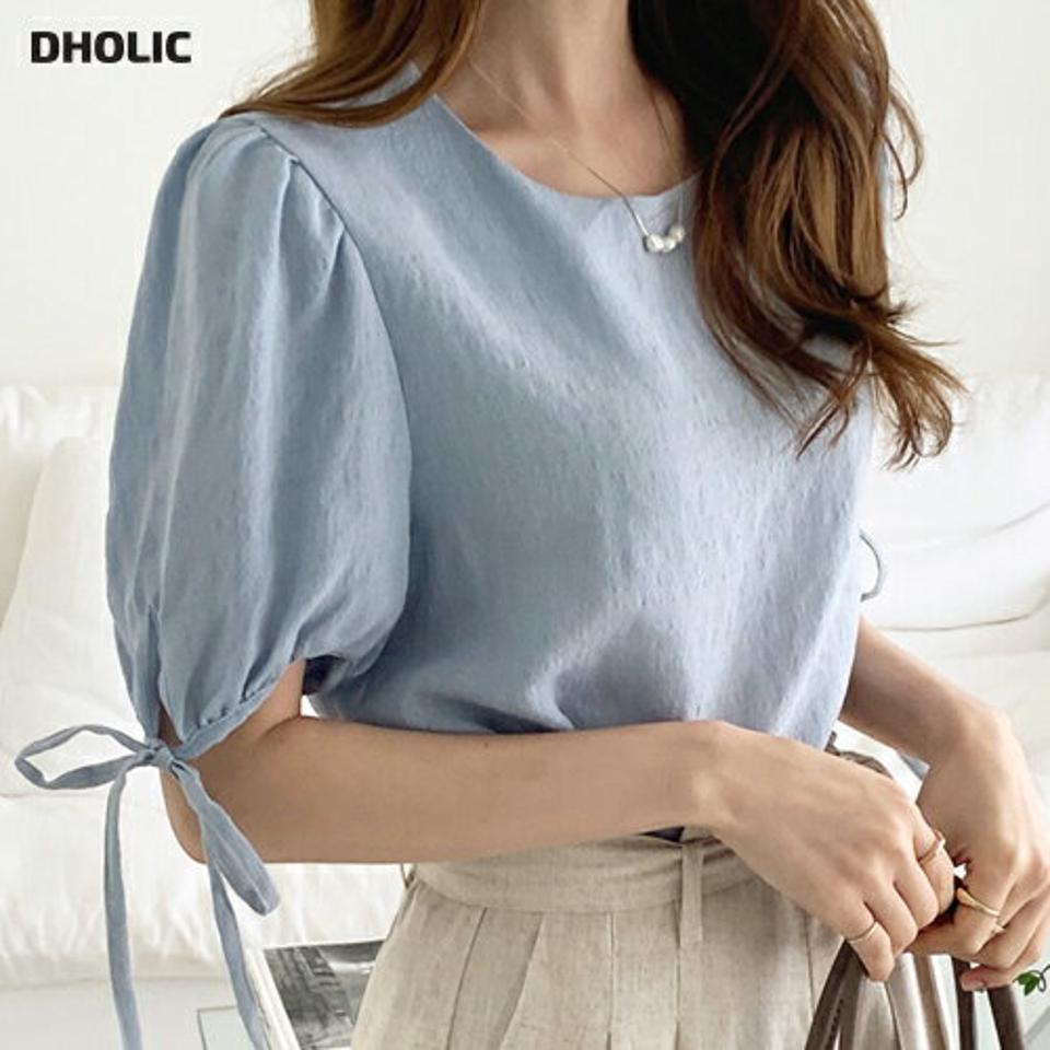 スリーブリボンパフブラウス・全4色・t69561 レディース 【bl】トップス ブラウス 半袖 ハーフスリーブ パフスリーブ パフ袖 りぼん 単色 無地 シンプル かわいい ガーリー 春 夏 韓国 ファッション ハイホリHIHOLLI