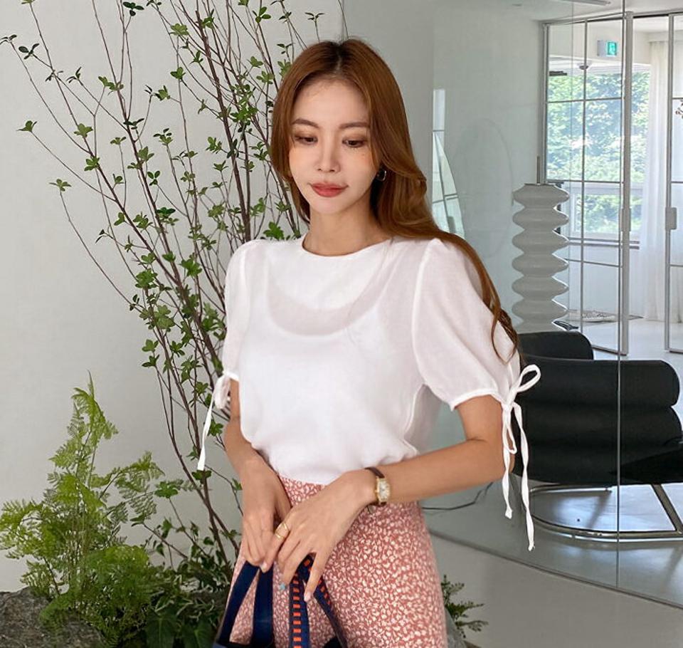 スリーブリボンパフブラウス・全4色・t69561 レディース 【bl】トップス ブラウス 半袖 ハーフスリーブ パフスリーブ パフ袖 りぼん 単色 無地 シンプル かわいい ガーリー 春 夏 韓国 ファッション ハイホリHIHOLLI