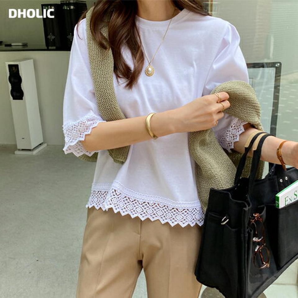 レースヘムTシャツ・全3色・b69724 レディース 【tops】トップス Tシャツ 七分丈 七分袖 7分丈 7分袖 半端丈 レース シンプル かわいい 大人 カジュアル 春 夏 韓国 ファッション ハイホリHIHOLLI