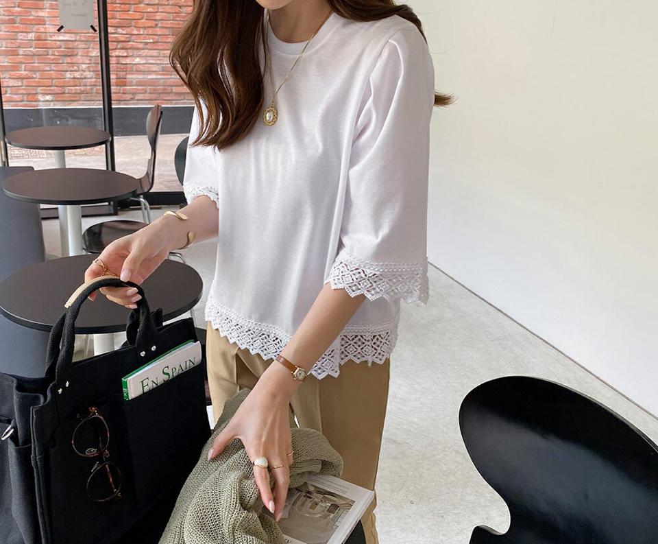 レースヘムTシャツ・全3色・b69724 レディース 【tops】トップス Tシャツ 七分丈 七分袖 7分丈 7分袖 半端丈 レース シンプル かわいい 大人 カジュアル 春 夏 韓国 ファッション ハイホリHIHOLLI
