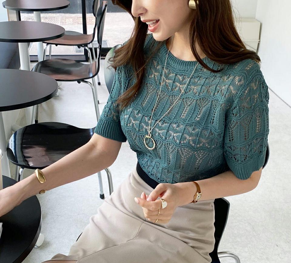 ラウンドパンチングニット・全4色・b69725 レディース 【tops】トップス ニット 半袖 ハーフスリーブ パンチング ラウンドネック 透け感 大人 春 夏 韓国 ファッション ハイホリHIHOLLI