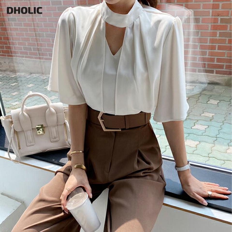 【タイム特価】カットアウトラッフルブラウス・全4色・t69732 レディース 【bl】トップス ブラウス 半袖 ハーフスリーブ カットアウト フレアスリーブ シンプル 襟コン 上品 大人 フェミニン 二の腕カバー きれいめ 春 夏 韓国ファッション ハイホリHIHOLLI 【TS】セール