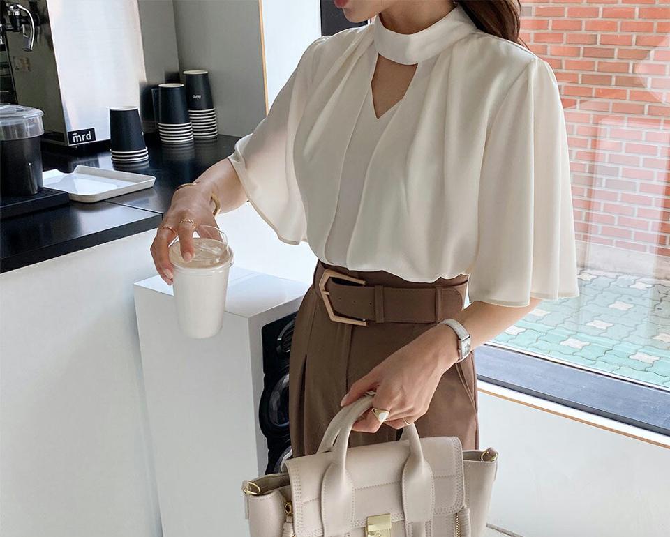 【タイム特価】カットアウトラッフルブラウス・全4色・t69732 レディース 【bl】トップス ブラウス 半袖 ハーフスリーブ カットアウト フレアスリーブ シンプル 襟コン 上品 大人 フェミニン 二の腕カバー きれいめ 春 夏 韓国ファッション ハイホリHIHOLLI 【TS】セール