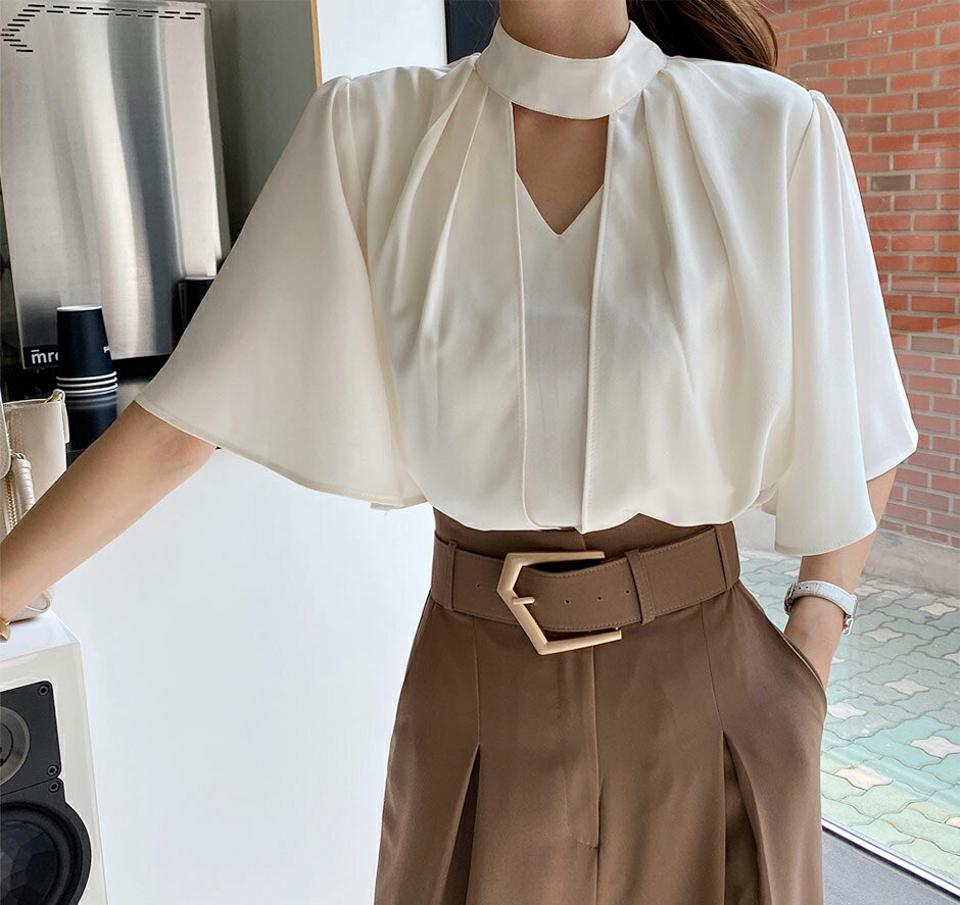 【タイム特価】カットアウトラッフルブラウス・全4色・t69732 レディース 【bl】トップス ブラウス 半袖 ハーフスリーブ カットアウト フレアスリーブ シンプル 襟コン 上品 大人 フェミニン 二の腕カバー きれいめ 春 夏 韓国ファッション ハイホリHIHOLLI 【TS】セール