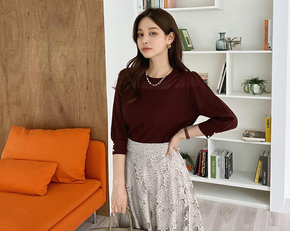 フェイクパールスリーブニット・全3色・b69727 レディース 【tops】トップス ニット ニットトップス パールボタン 七分丈 七分袖 7分丈 7分袖 単色 無地 シンプル 大人 春 秋 韓国ファッション ハイホリHIHOLLI