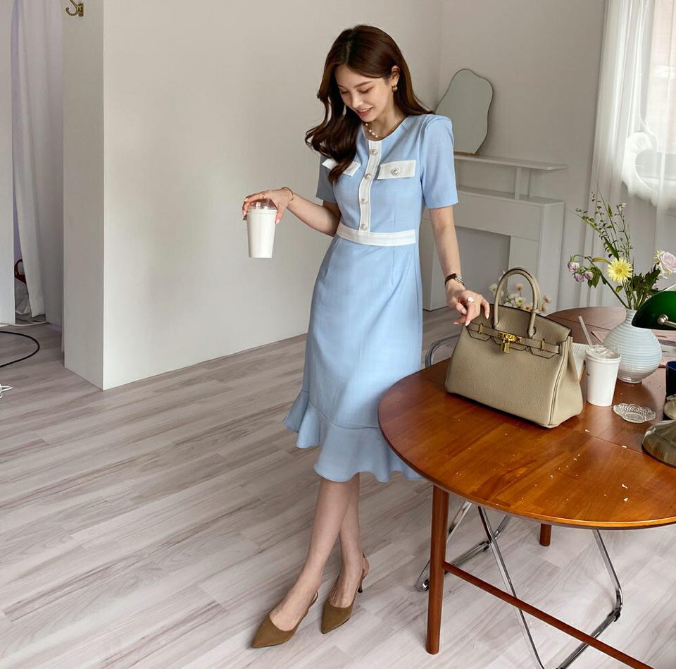 フェイクパール配色マーメイドワンピース・全3色・t69737 レディース 【ops】ワンピース ミディ丈 ミディワンピース ひざ下 マーメイド 半袖 ハーフスリーブ パールボタン 配色 上品 大人 きれいめ 春 夏 韓国 ファッション ハイホリHIHOLLI