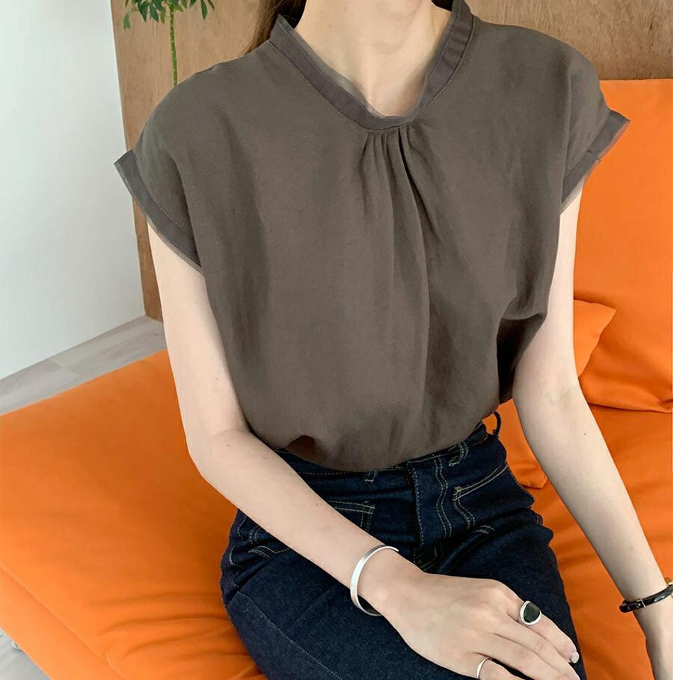 メッシュラインブラウス・全3色・b69729 レディース 【bl】トップス ブラウス メッシュ ギャザー フレンチスリーブ ショートスリーブ 単色 無地 大人 シンプル フェミニン 透け感 春 夏 韓国 ファッション ハイホリHIHOLLI