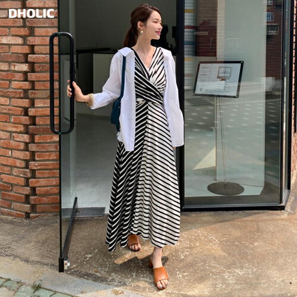ストライプツイストワンピース・全2色・b69734 レディース 【ops】ワンピース ロング ツイスト ストライプ柄 Aライン フレンチスリーブ ショートスリーブ モダン 大人 春 夏 韓国 ファッション ハイホリHIHOLLI