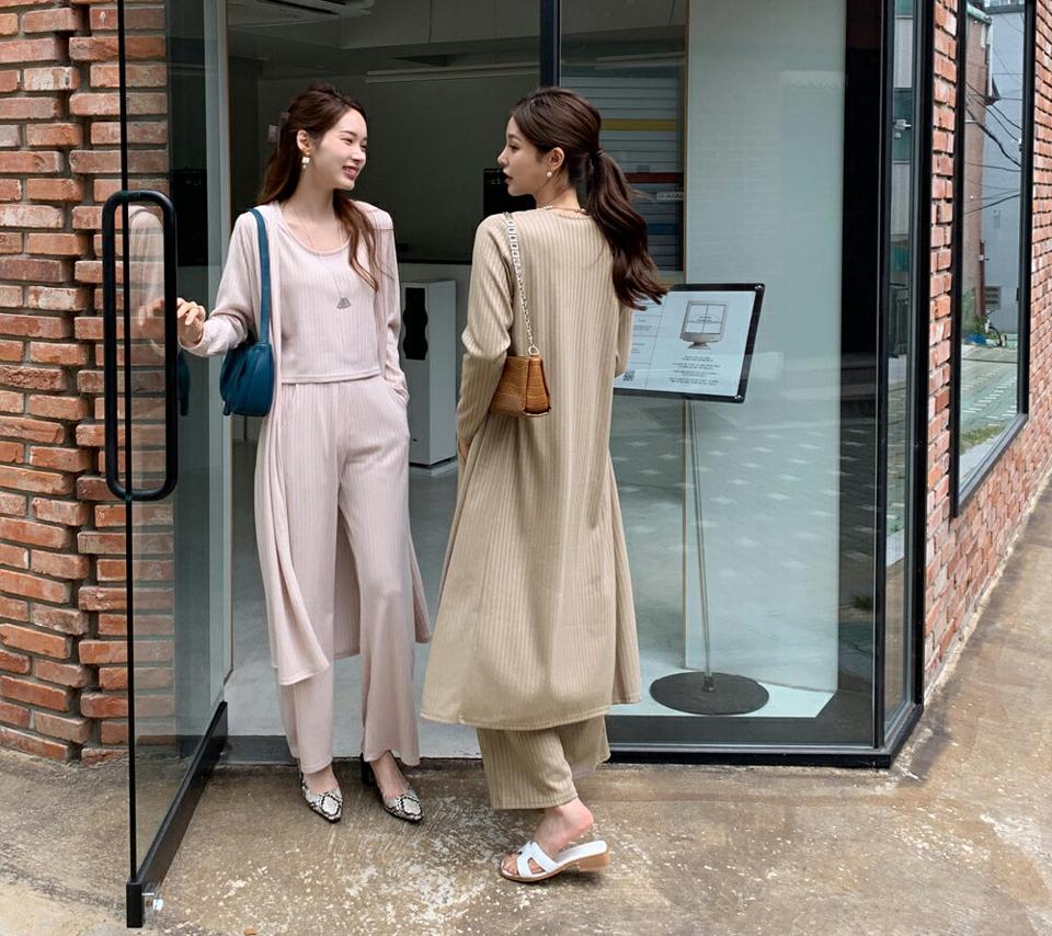 リブスリーブレス&ロングカーデ&パンツSET・全3色・b69740 レディース 【pt】セットアップ setup トップス カーディガン 羽織物 ロング 長袖 スリーブレス ノースリーブ パンツ ズボン タンクトップ リブ 春 夏 秋 韓国 ファッション ハイホリHIHOLLI