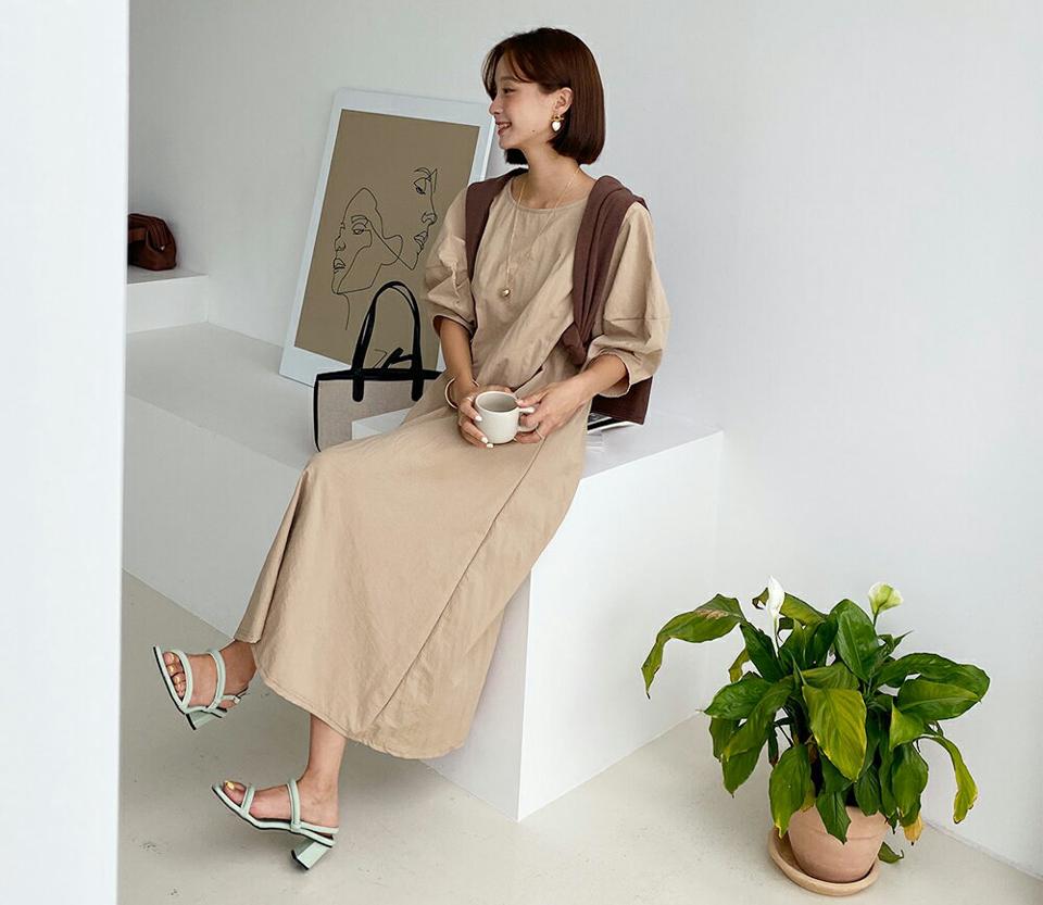 【マラソン特価】ラウンドパフワンピース・全3色・b65731 レディース 【ops】韓国ファッション ワンピース ロングワンピース 半袖 パフスリーブ ドライ ナイロン Aライン スリム ラウンドネック 着痩せ 華奢見 体型カバー カジュアル 夏 春