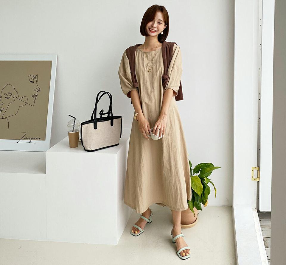 【マラソン特価】ラウンドパフワンピース・全3色・b65731 レディース 【ops】韓国ファッション ワンピース ロングワンピース 半袖 パフスリーブ ドライ ナイロン Aライン スリム ラウンドネック 着痩せ 華奢見 体型カバー カジュアル 夏 春