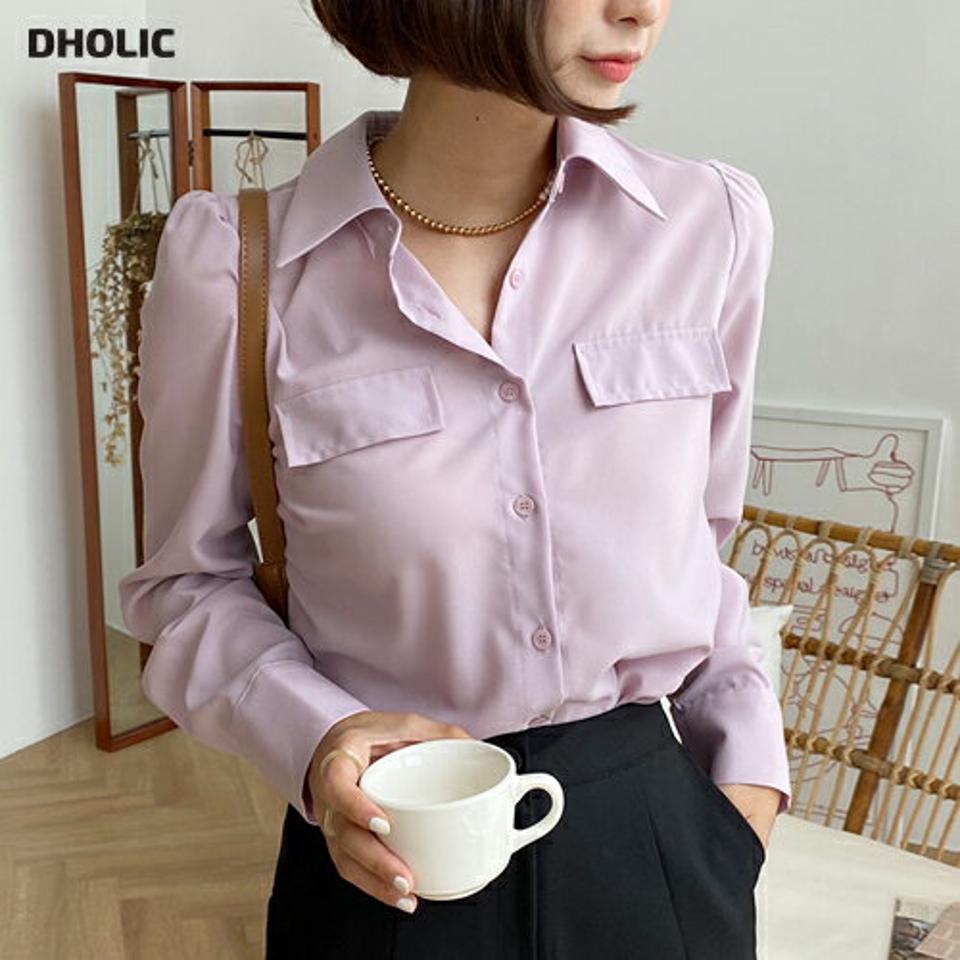 ポケットカラーブラウス・全3色・b65743 レディース 【bl】韓国 ファッション トップス ブラウス 長袖 ルーズ ゆったり シャツブラウス ポケット ボタン 楽ちん ギャザー フェミニン 上品 スリム 秋 オフィスカジュアル ポロ襟 夏 春