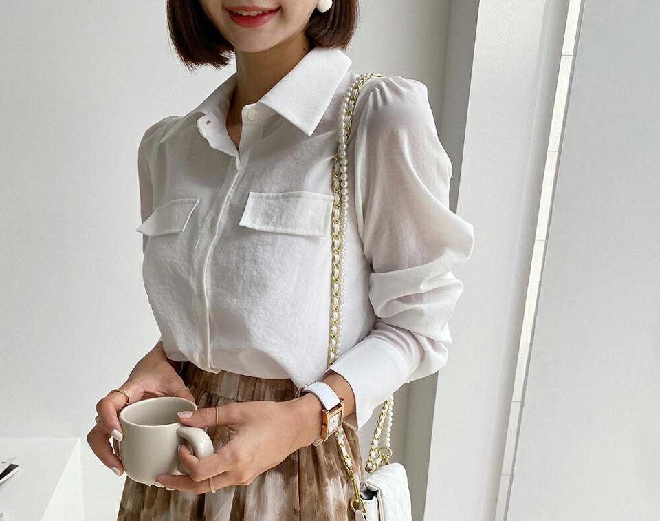 ポケットカラーブラウス・全3色・b65743 レディース 【bl】韓国 ファッション トップス ブラウス 長袖 ルーズ ゆったり シャツブラウス ポケット ボタン 楽ちん ギャザー フェミニン 上品 スリム 秋 オフィスカジュアル ポロ襟 夏 春