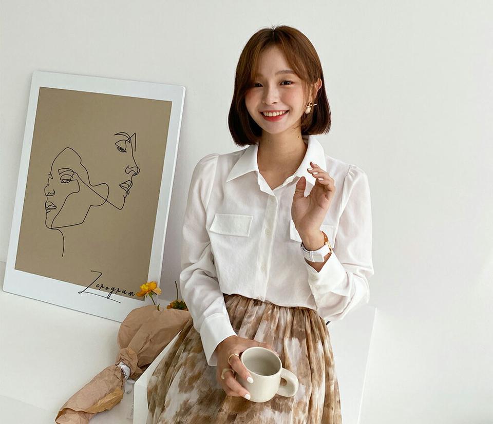 ポケットカラーブラウス・全3色・b65743 レディース 【bl】韓国 ファッション トップス ブラウス 長袖 ルーズ ゆったり シャツブラウス ポケット ボタン 楽ちん ギャザー フェミニン 上品 スリム 秋 オフィスカジュアル ポロ襟 夏 春