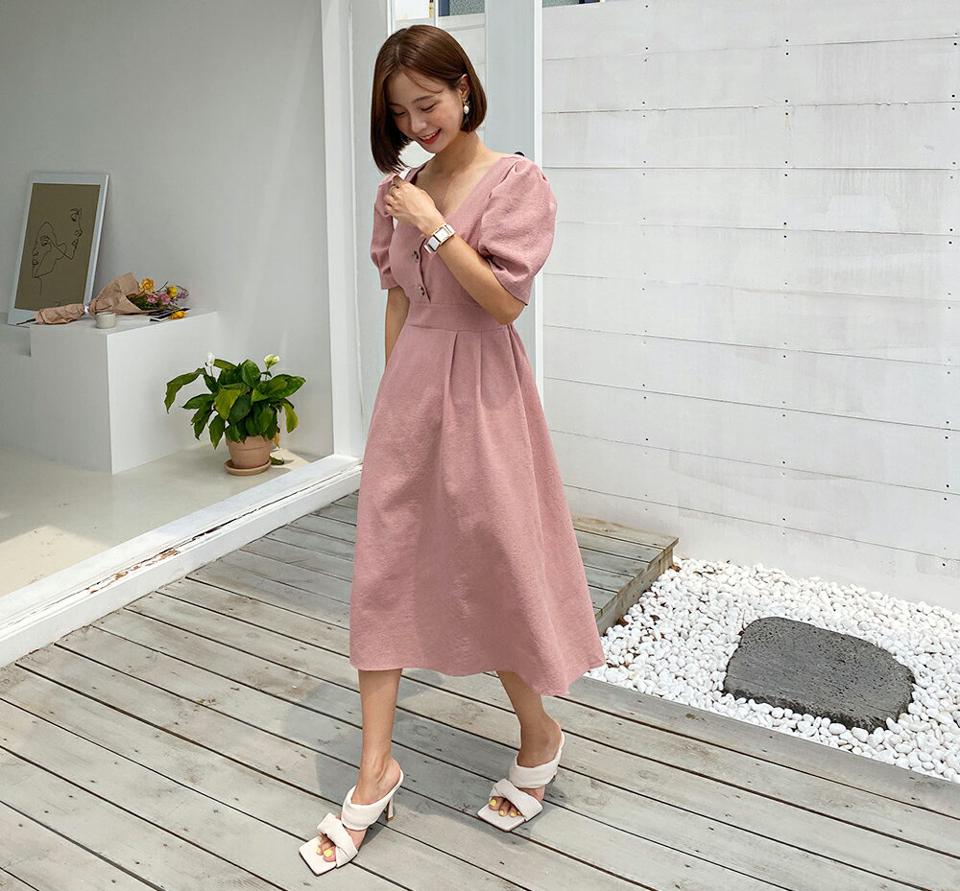 スクエアボタンワンピース・全5色・t65729 レディース 【ops】韓国 ファッション ワンピース ミディ ミディワンピース 半袖 ボタン パフワンピース スクエアネック Aライン スリム 着痩せ 華奢見 カジュアル 体型カバー 夏 春