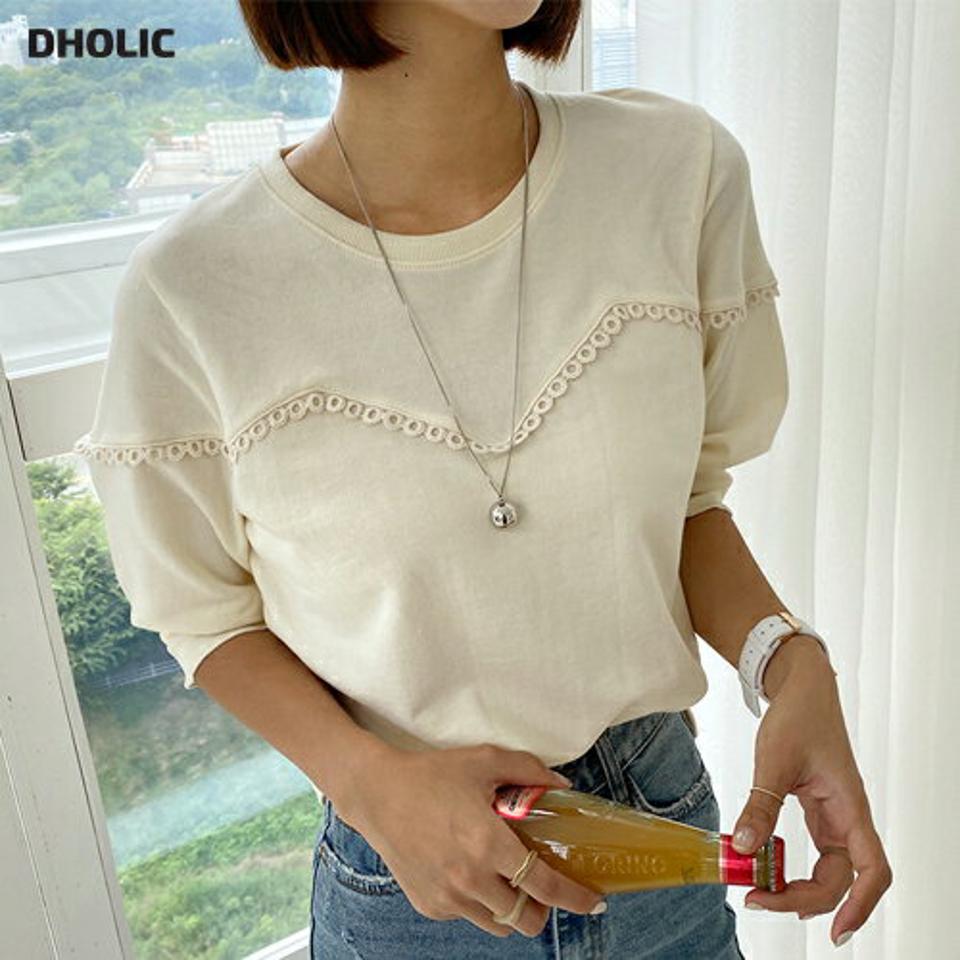 レースラインスウェット・全3色・t65728 レディース 【tops】韓国 ファッション トップス スウェット Tシャツ サークルレース レース 半袖 ラウンドネック ウェーブ パフスリーブ カジュアル ゆったり 体型カーバー デイリー ルーズ 夏 春