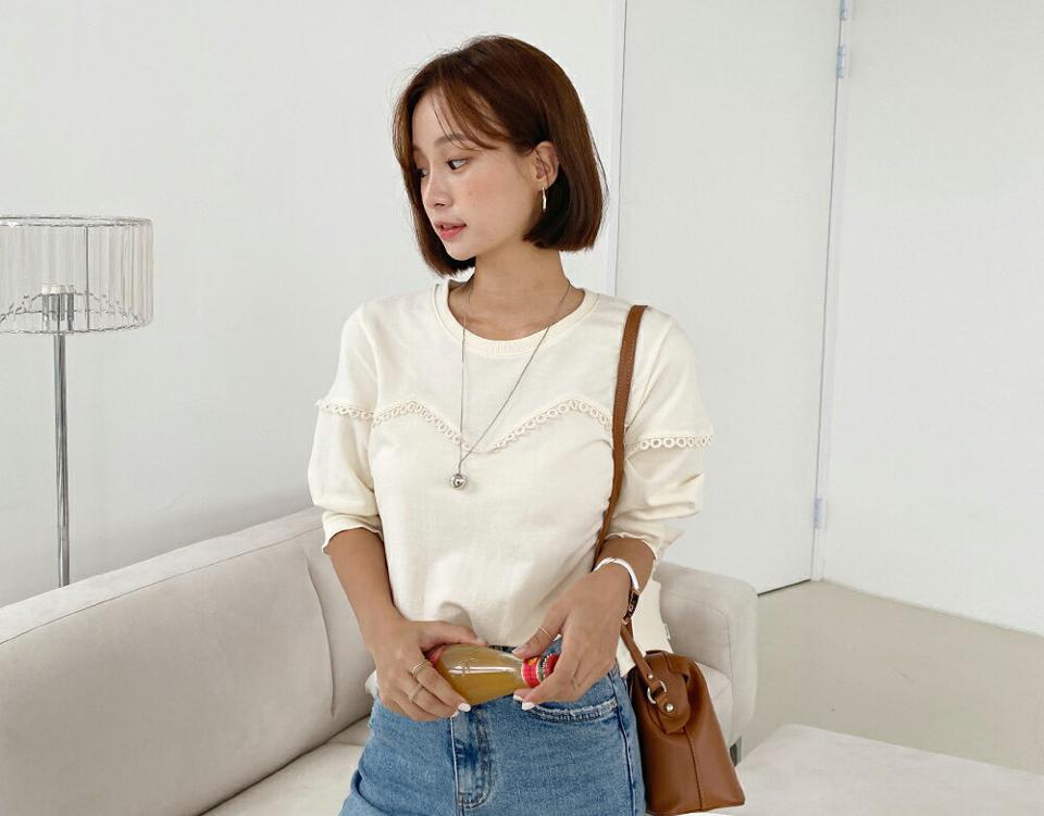 レースラインスウェット・全3色・t65728 レディース 【tops】韓国 ファッション トップス スウェット Tシャツ サークルレース レース 半袖 ラウンドネック ウェーブ パフスリーブ カジュアル ゆったり 体型カーバー デイリー ルーズ 夏 春