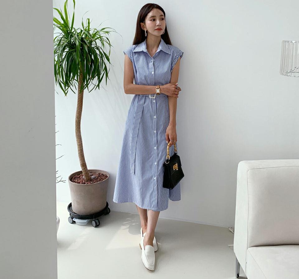 ベルト付ストライプワンピース・全2色・b65740 レディース 【ops】韓国 ファッション ワンピース ロング ロングワンピース フレンチスリーブ ベルト セット ストライプ パターン Aライン シャツワンピース 着痩せ 華奢見 カジュアル 体型カバー 夏 春