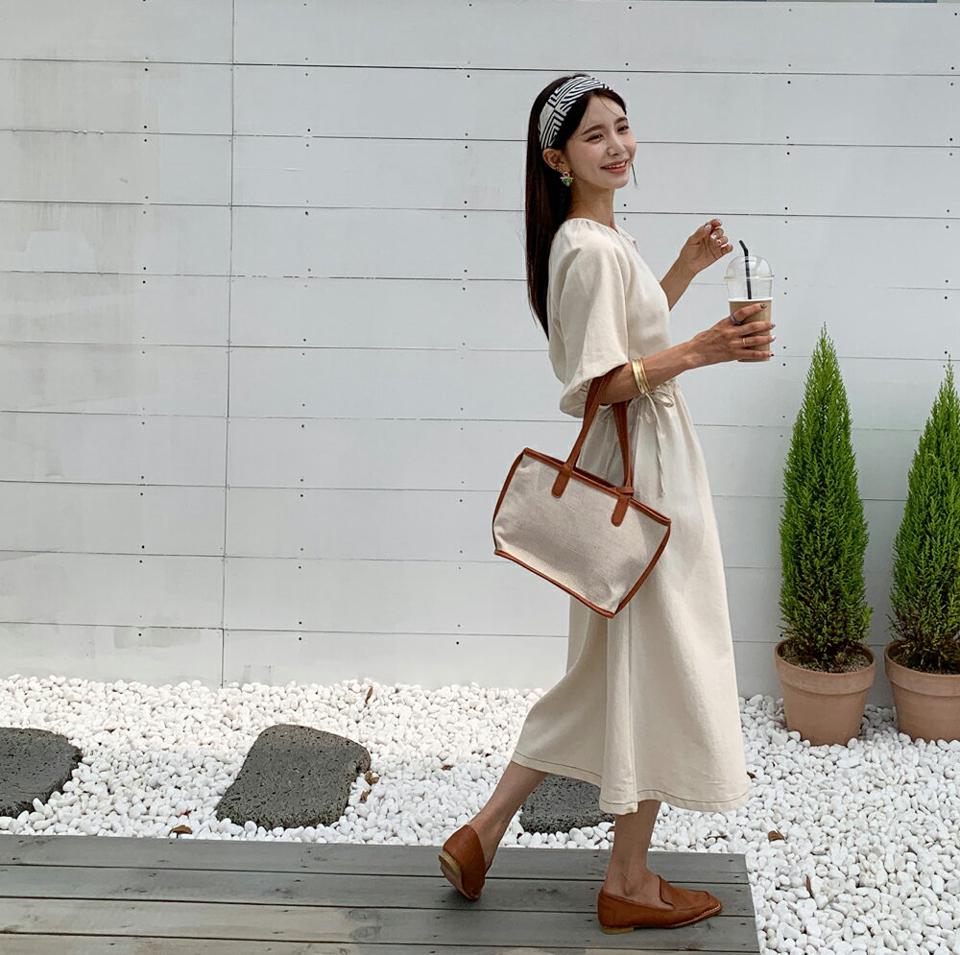 配色ステッチワンピース・全3色・t65733 レディース 【ops】韓国 ファッション ワンピース ロング ロングワンピース 配色 ステッチ ラウンドネック ラグランスリーブ デコルテ パフ袖 ストリング Aライン 着痩せ 華奢見 カジュアル 体型カバー 夏 春