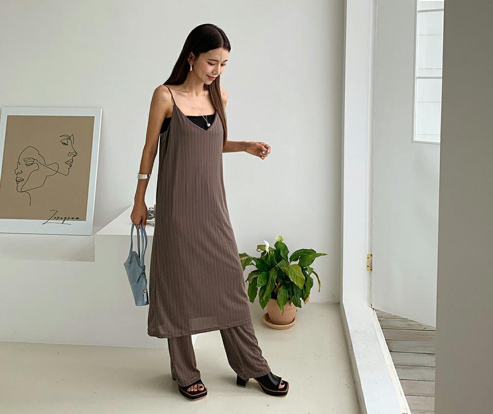 2WAYキャミワンピ&パンツSET・全3色・t65727 レディース 【pt】韓国 ファッション ボトムス ロング ロングパンツ ストレート セット セットアップ ワンピース キャミ スクエアネック 2WAY Hライン 体型カーバー 細身 足長 着痩せ 夏 春