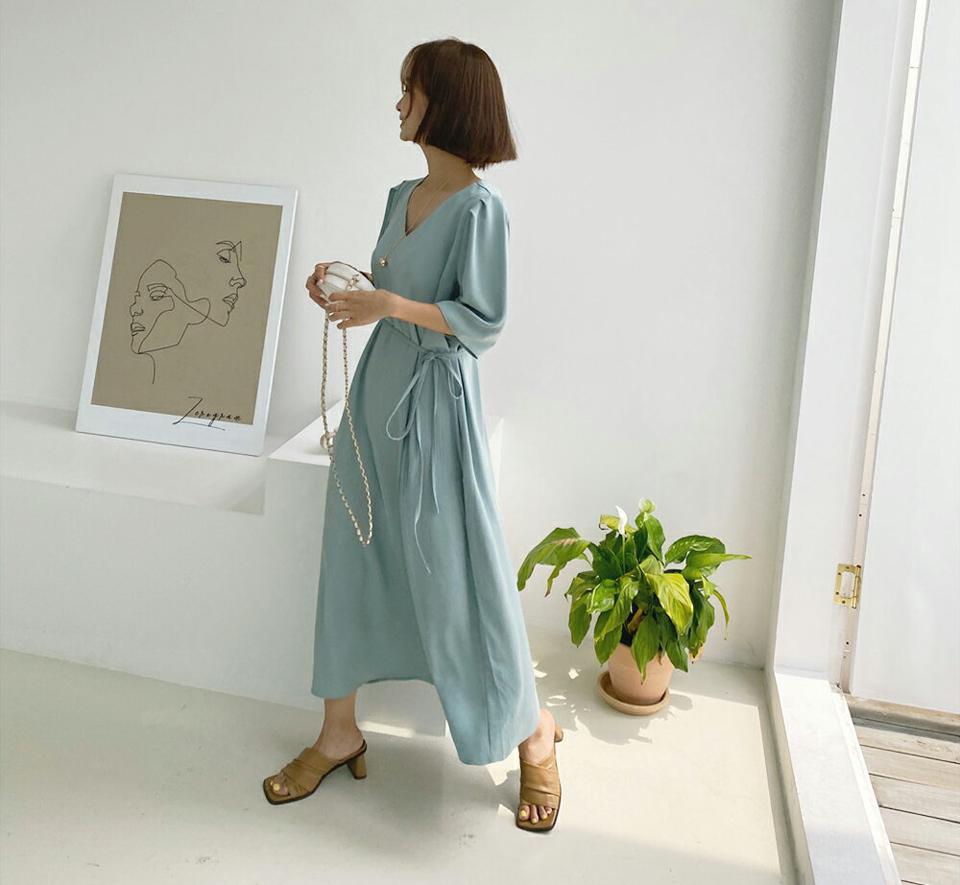 ストラップ付Vネックワンピース・全4色・b65732 レディース 【ops】韓国 ファッション ワンピース ロング ロングワンピース 半袖 楽ちん ストラップ ラフ ルーズ Vネック パフスリーブ ゆったり デコルテ 着痩せ 華奢見 カジュアル 体型カバー 夏 春