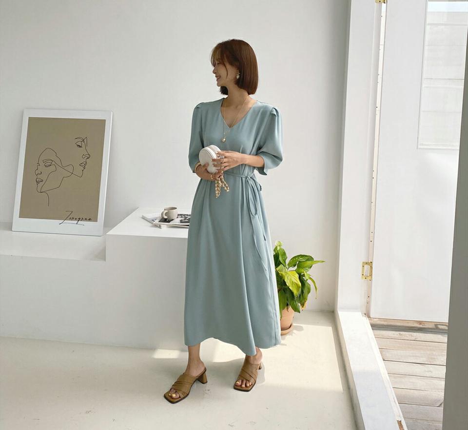 ストラップ付Vネックワンピース・全4色・b65732 レディース 【ops】韓国 ファッション ワンピース ロング ロングワンピース 半袖 楽ちん ストラップ ラフ ルーズ Vネック パフスリーブ ゆったり デコルテ 着痩せ 華奢見 カジュアル 体型カバー 夏 春