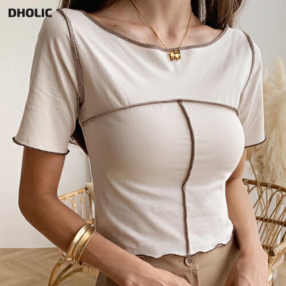 ステッチ クロップドTシャツ・全5色・t65722 レディース 【tops】韓国ファッション トップス Tシャツ 半袖 スリム フィット クロップド ボートネック デコルテ ステッチ 配色 ライン デイリー ボリューム 夏 春227