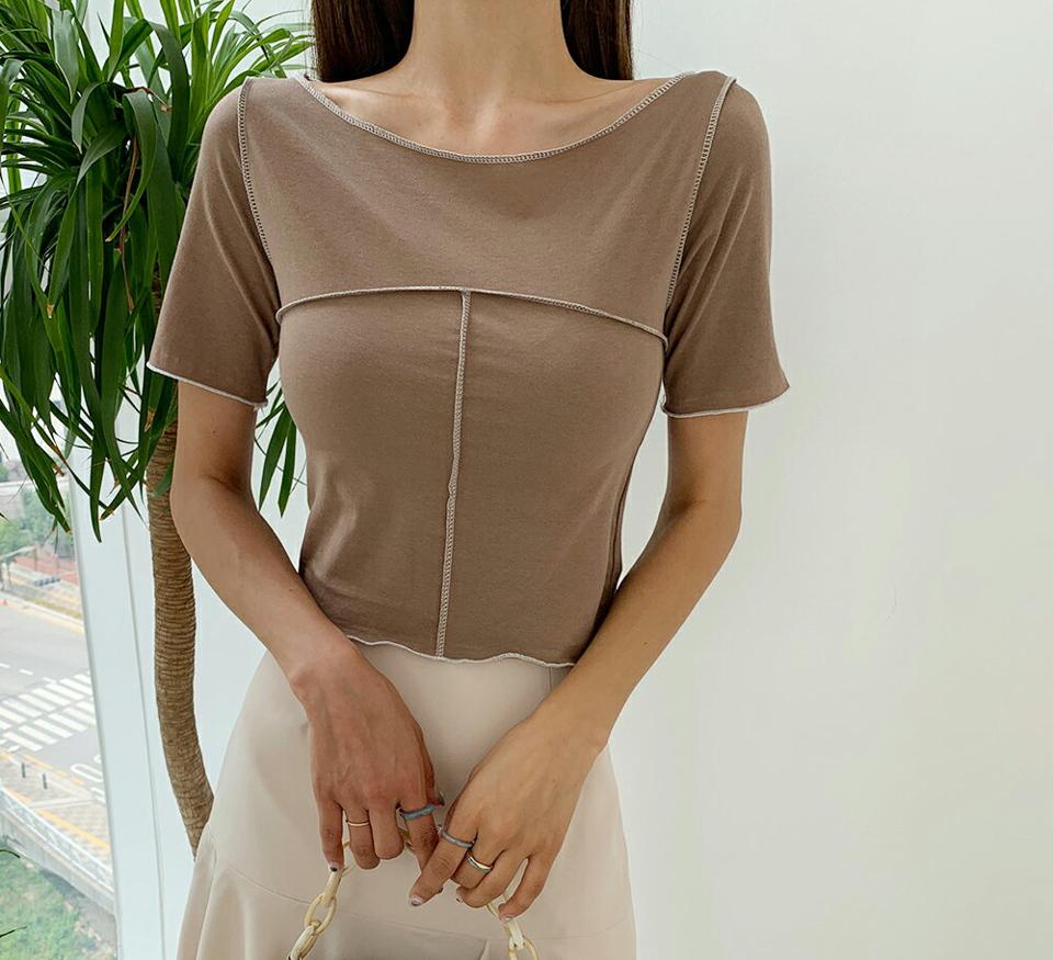ステッチ クロップドTシャツ・全5色・t65722 レディース 【tops】韓国ファッション トップス Tシャツ 半袖 スリム フィット クロップド ボートネック デコルテ ステッチ 配色 ライン デイリー ボリューム 夏 春227