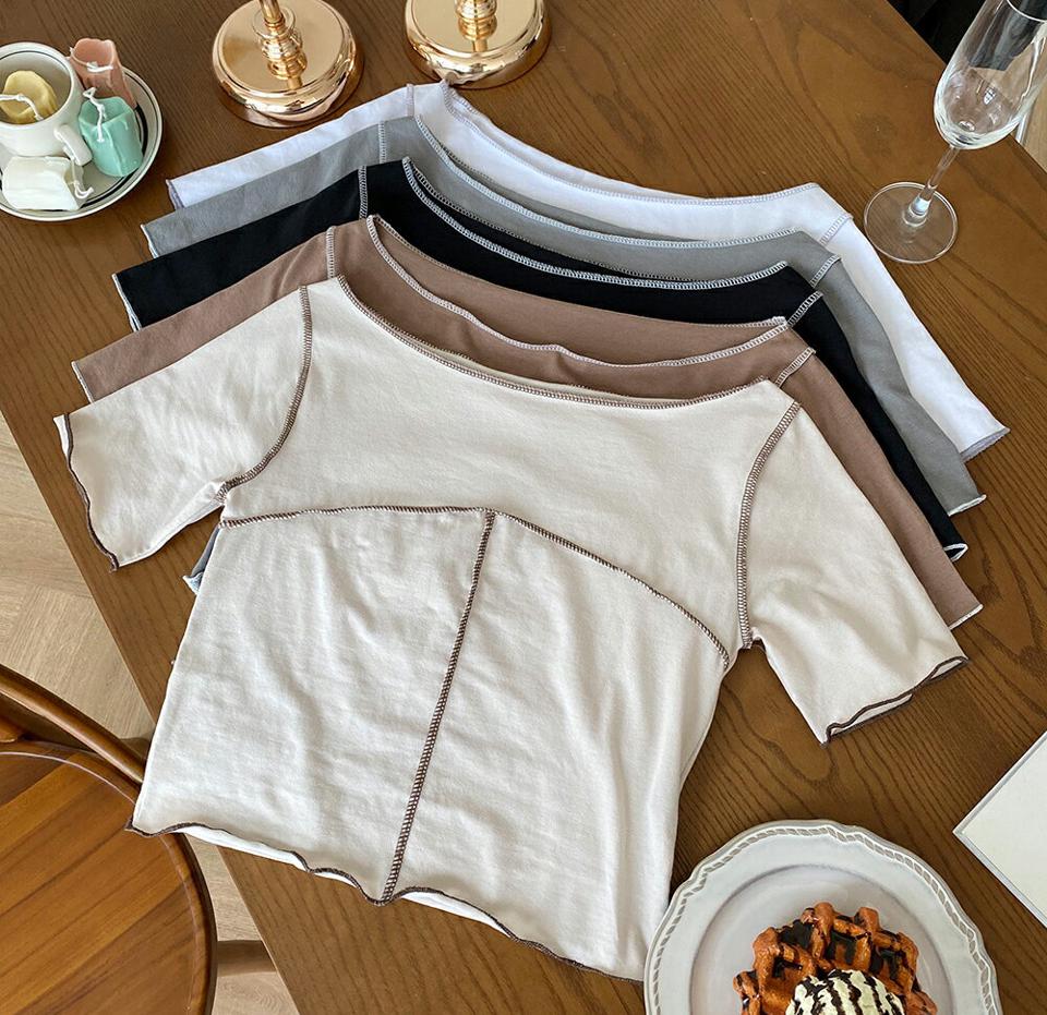 ステッチ クロップドTシャツ・全5色・t65722 レディース 【tops】韓国ファッション トップス Tシャツ 半袖 スリム フィット クロップド ボートネック デコルテ ステッチ 配色 ライン デイリー ボリューム 夏 春227