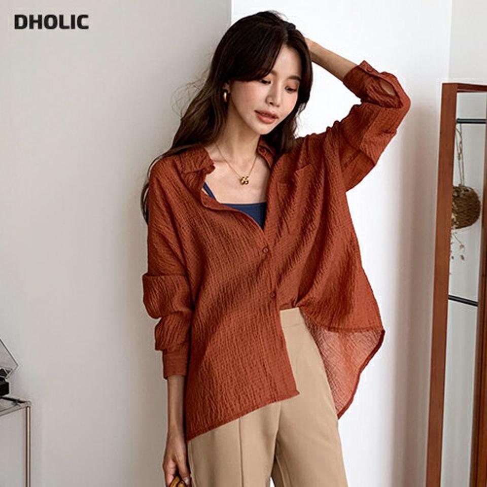 リンクルルーズシャツ・全3色・t65744 レディース 【bl】韓国ファッション トップス シャツ 長袖 ルーズ ゆったり ラフ リンクル やわらかい フェミニン 上品 スリム 秋 オフィスカジュアル ポロ襟 夏 春