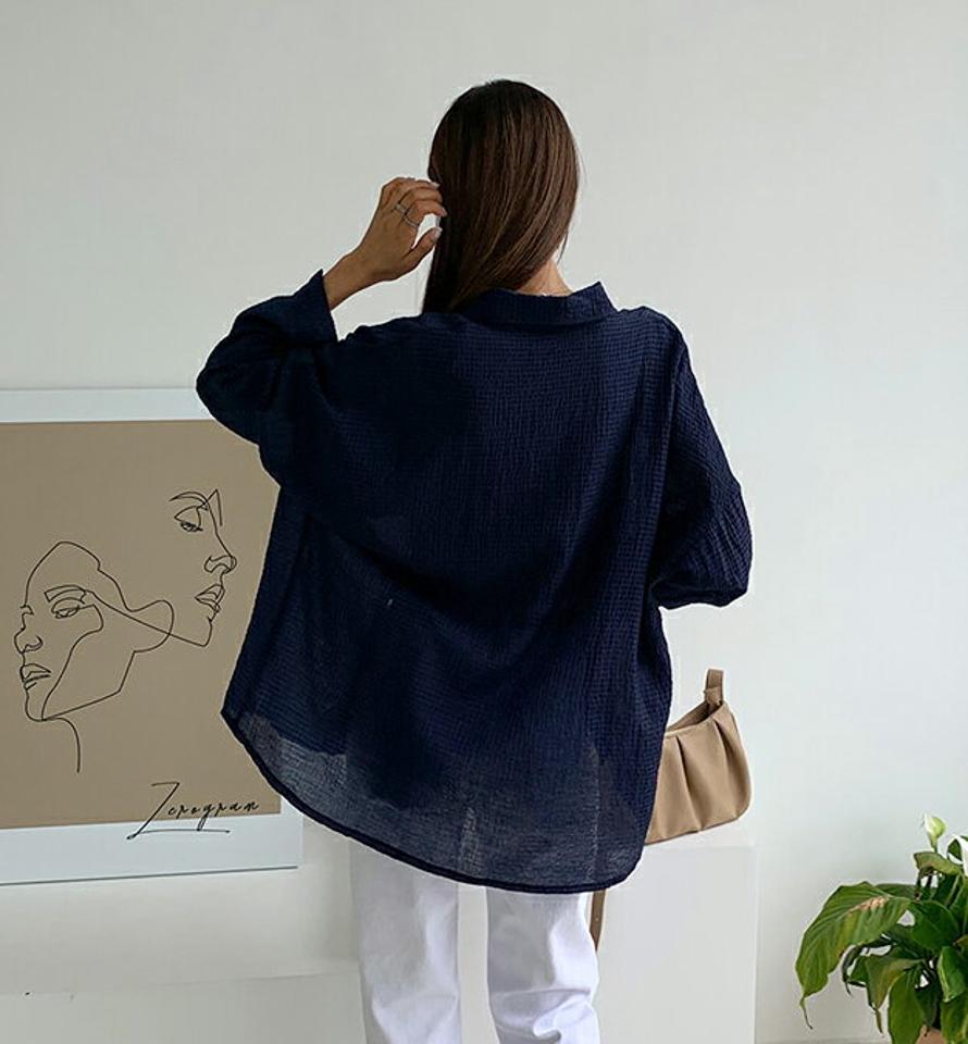 リンクルルーズシャツ・全3色・t65744 レディース 【bl】韓国ファッション トップス シャツ 長袖 ルーズ ゆったり ラフ リンクル やわらかい フェミニン 上品 スリム 秋 オフィスカジュアル ポロ襟 夏 春