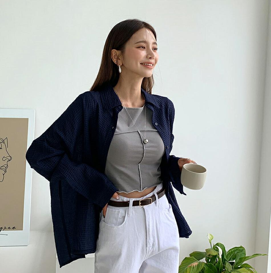 リンクルルーズシャツ・全3色・t65744 レディース 【bl】韓国ファッション トップス シャツ 長袖 ルーズ ゆったり ラフ リンクル やわらかい フェミニン 上品 スリム 秋 オフィスカジュアル ポロ襟 夏 春