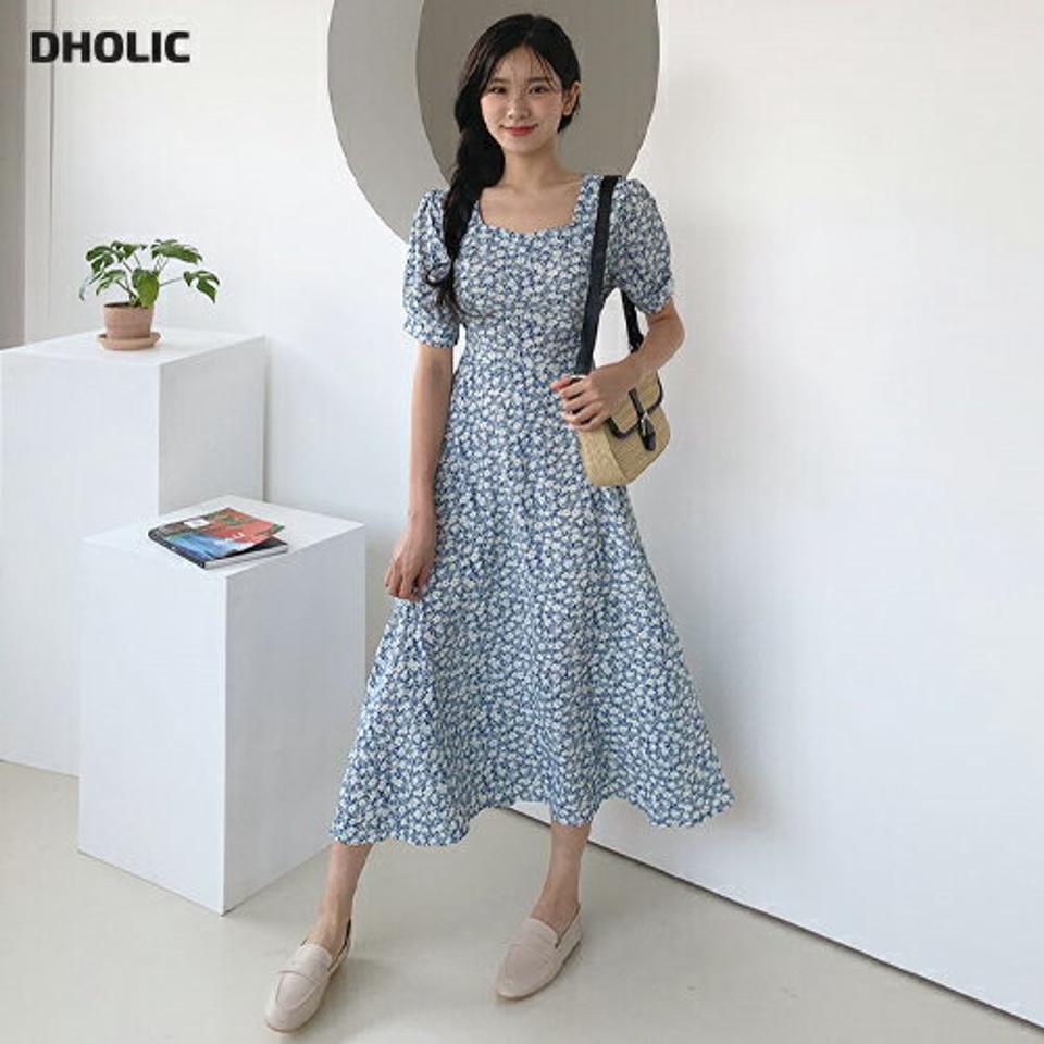 スクエア花柄ワンピース・全3色・t64646 レディース 【ops】韓国 ファッション ワンピース ロング ロングワンピース 半袖 フェミニン ラブリー 花柄 フレア スクエアネック リボン ハーフスリーブ スリム 体型カバー 春 夏 NIJU