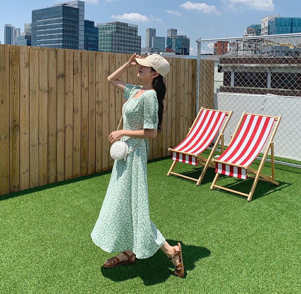 スクエア花柄ワンピース・全3色・t64646 レディース 【ops】韓国 ファッション ワンピース ロング ロングワンピース 半袖 フェミニン ラブリー 花柄 フレア スクエアネック リボン ハーフスリーブ スリム 体型カバー 春 夏 NIJU