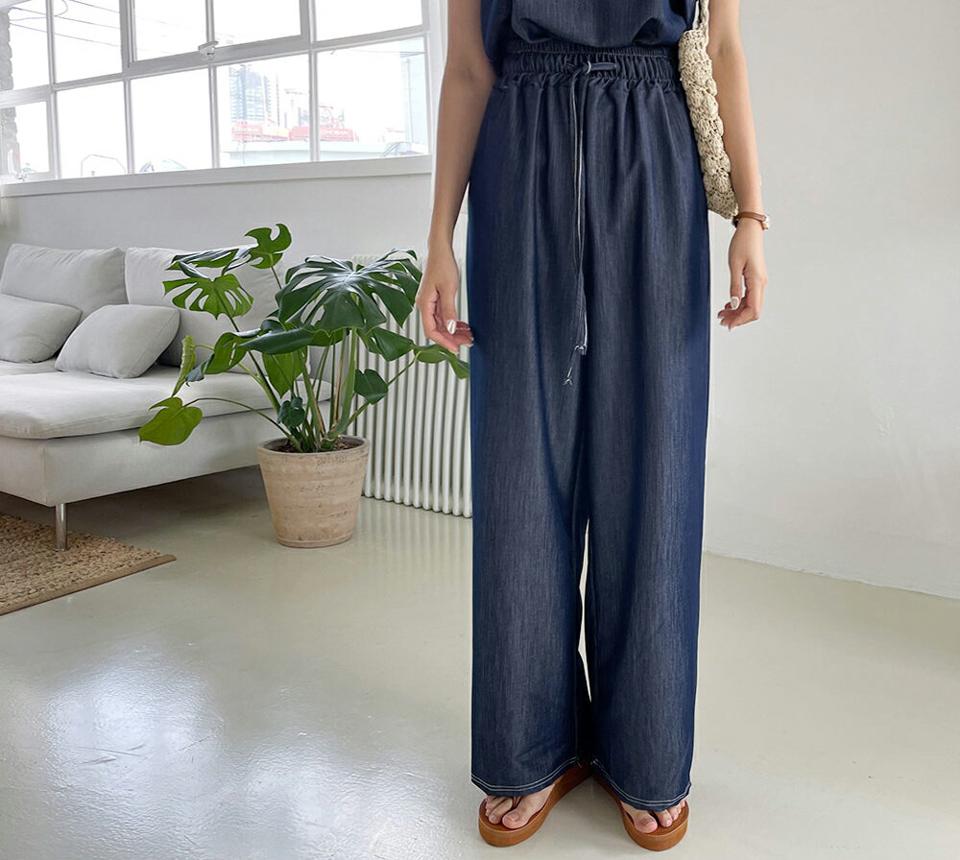 ステッチデニムパンツ・全2色・t64656 レディース 【pt】韓国ファッション ボトムス パンツ ロング ロングパンツ ワイド 足長 ルーズ ゆったり 細身 着痩せ 体型カバー ストレート ステッチ スリーブパンツ ストリング 春 夏 NIJU