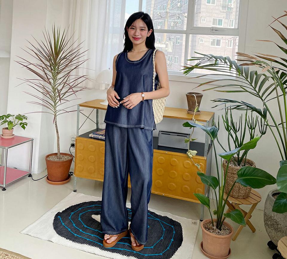 ステッチスリットスリーブレス&パンツSET・全2色・t64654 レディース 【pt】韓国 ファッション ボトムス パンツ ロング ロングパンツ セットアップ ワイド 足長 ルーズ ゆったり 細身 着痩せ 体型カーバー ステッチ スリーブレス 春 夏 NIJU