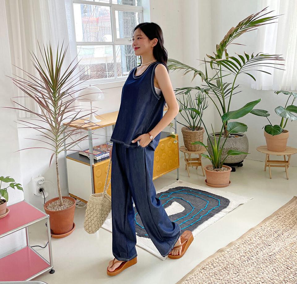 ステッチスリットスリーブレス&パンツSET・全2色・t64654 レディース 【pt】韓国 ファッション ボトムス パンツ ロング ロングパンツ セットアップ ワイド 足長 ルーズ ゆったり 細身 着痩せ 体型カーバー ステッチ スリーブレス 春 夏 NIJU