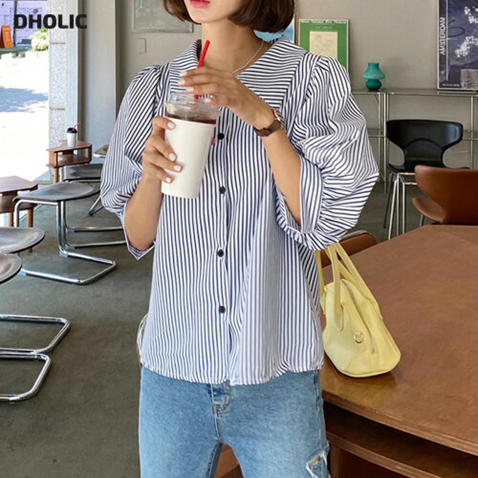ストライプパフカラーブラウス・全3色・t62536 レディース 【bl】韓国 ファッション トップス ブラウス 半袖 ストライプ パターン 7分丈 パフ袖 ボタン カラーネック フェミニン 上品 カジュアル ルーズ ゆったり 夏 春