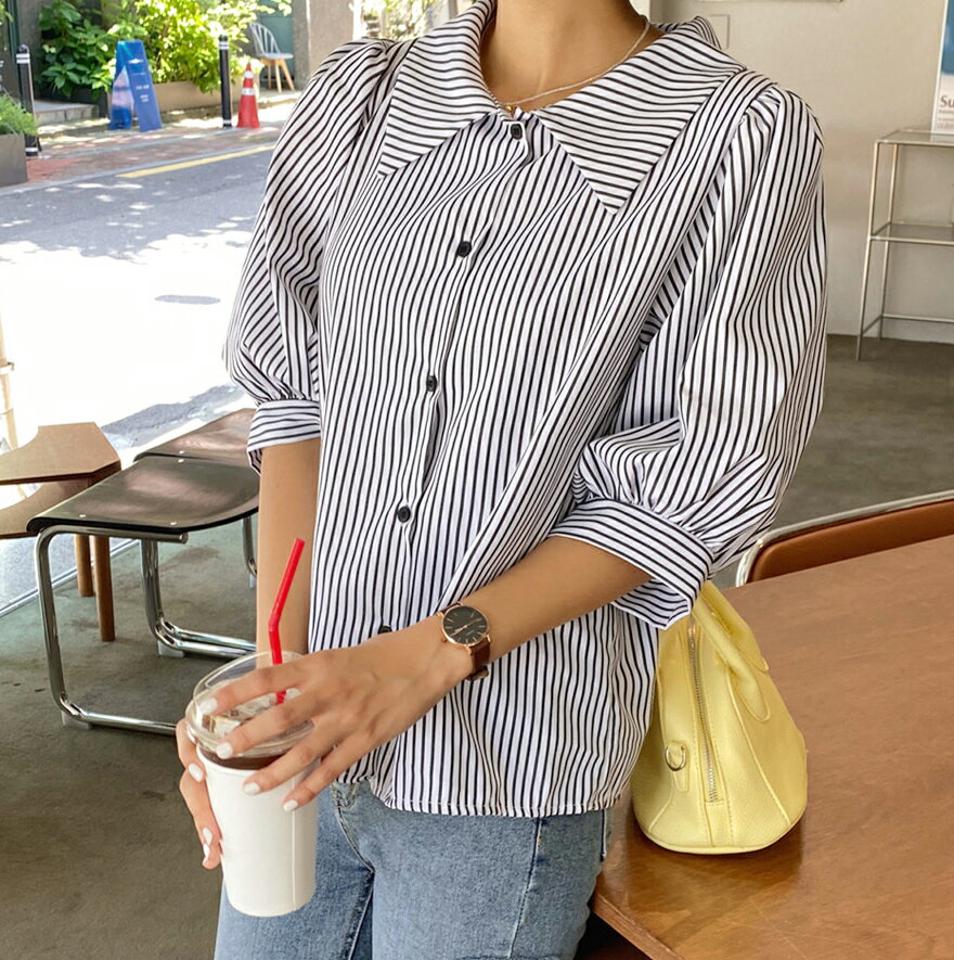ストライプパフカラーブラウス・全3色・t62536 レディース 【bl】韓国 ファッション トップス ブラウス 半袖 ストライプ パターン 7分丈 パフ袖 ボタン カラーネック フェミニン 上品 カジュアル ルーズ ゆったり 夏 春