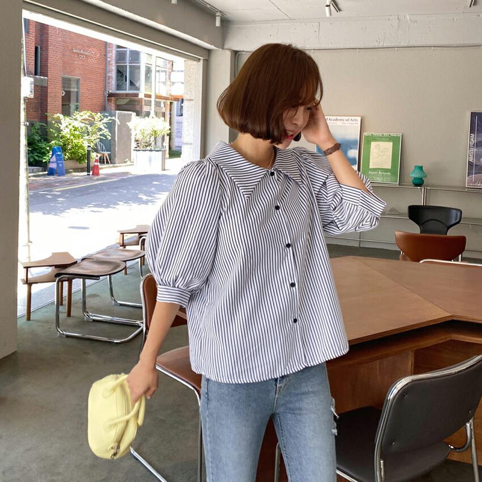 ストライプパフカラーブラウス・全3色・t62536 レディース 【bl】韓国 ファッション トップス ブラウス 半袖 ストライプ パターン 7分丈 パフ袖 ボタン カラーネック フェミニン 上品 カジュアル ルーズ ゆったり 夏 春